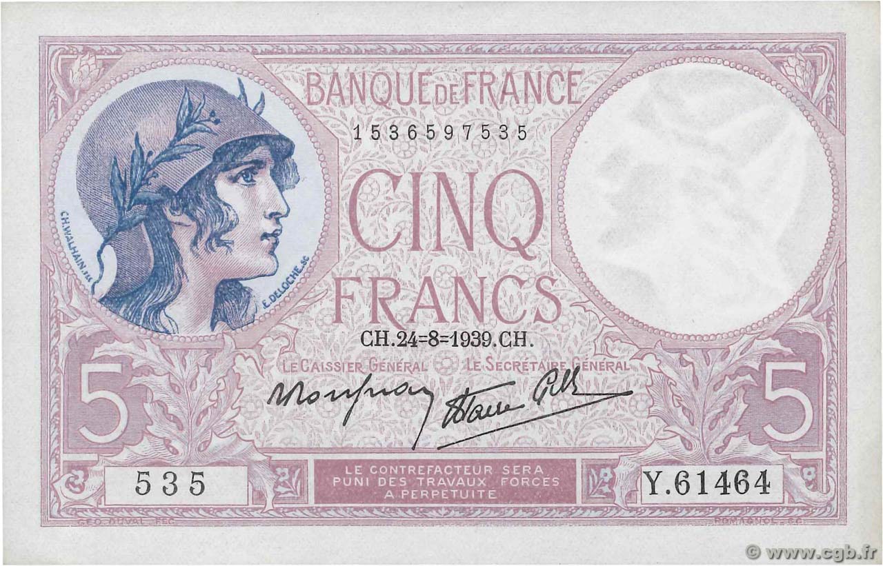 5 Francs FEMME CASQUÉE modifié FRANCE  1939 F.04.07 pr.SPL