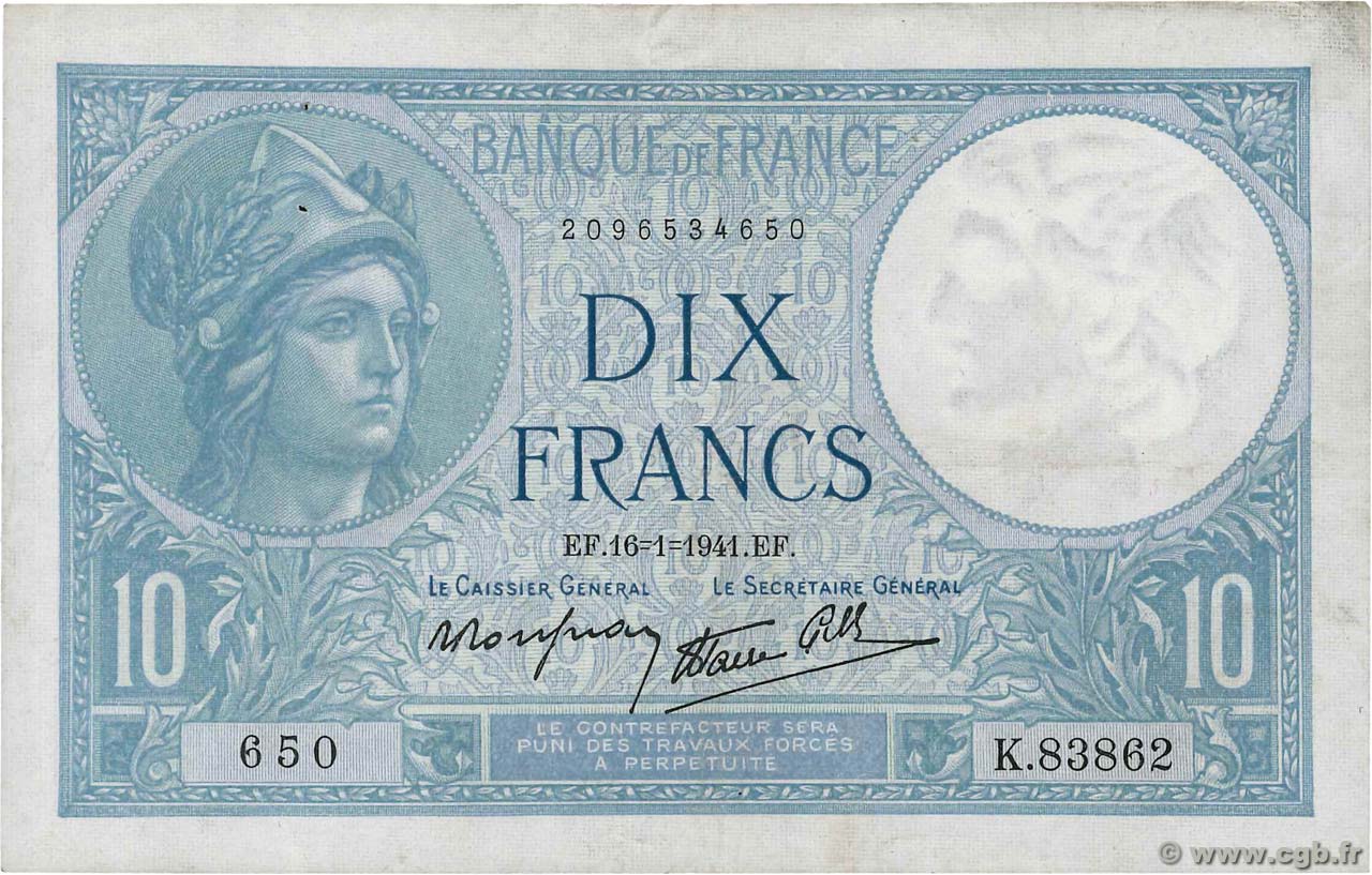 10 Francs MINERVE modifié FRANCE  1941 F.07.28 TTB