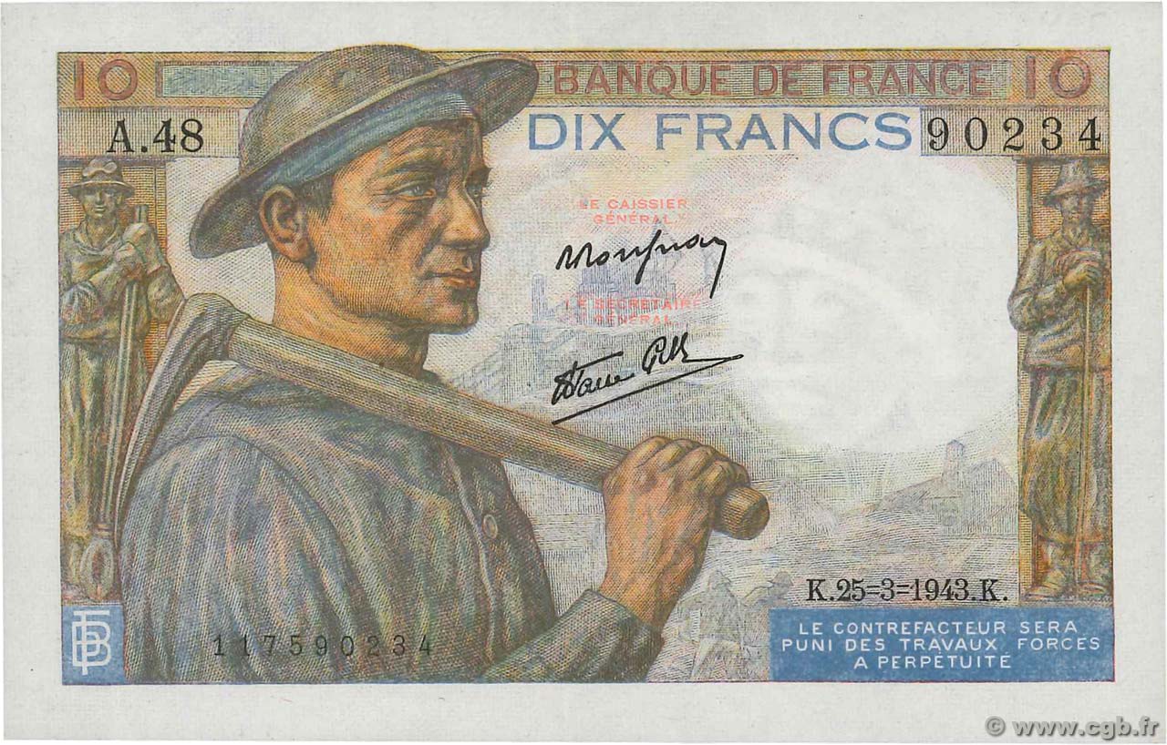 10 Francs MINEUR FRANCE  1943 F.08.08 pr.SPL