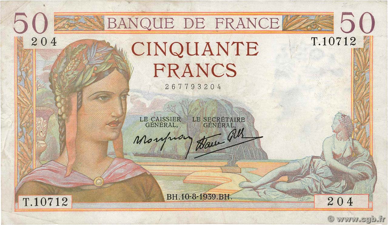 50 Francs CÉRÈS modifié FRANCE  1939 F.18.29 pr.TTB