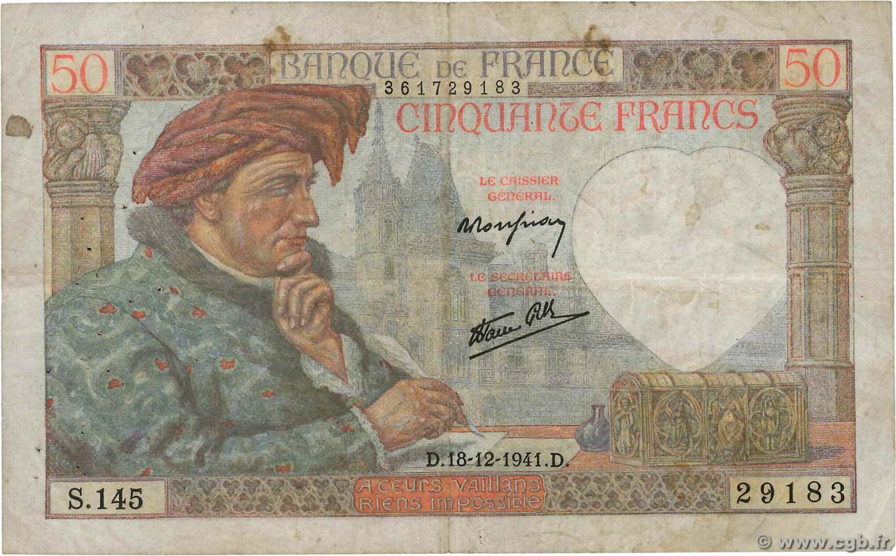 50 Francs JACQUES CŒUR FRANCE  1941 F.19.17 TB
