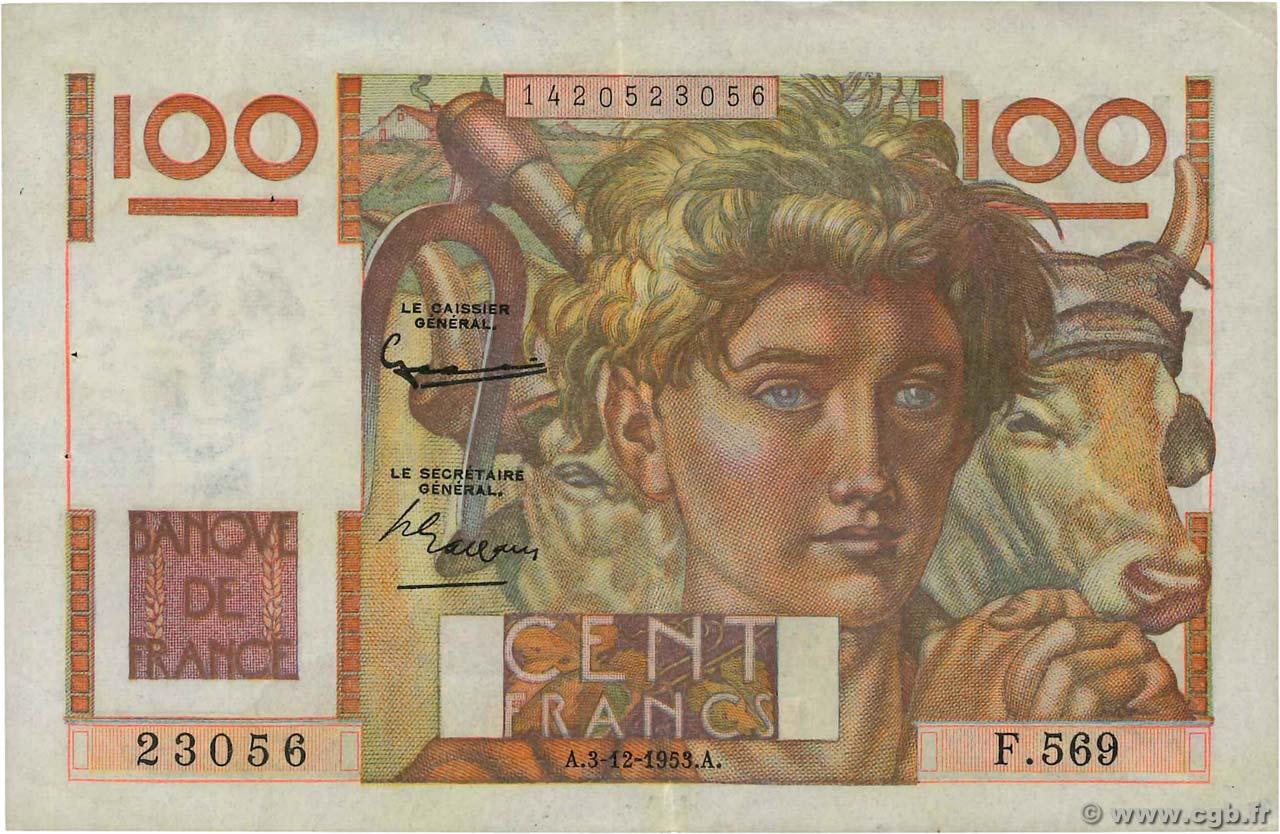 100 Francs JEUNE PAYSAN FRANCE  1953 F.28.40 VF+