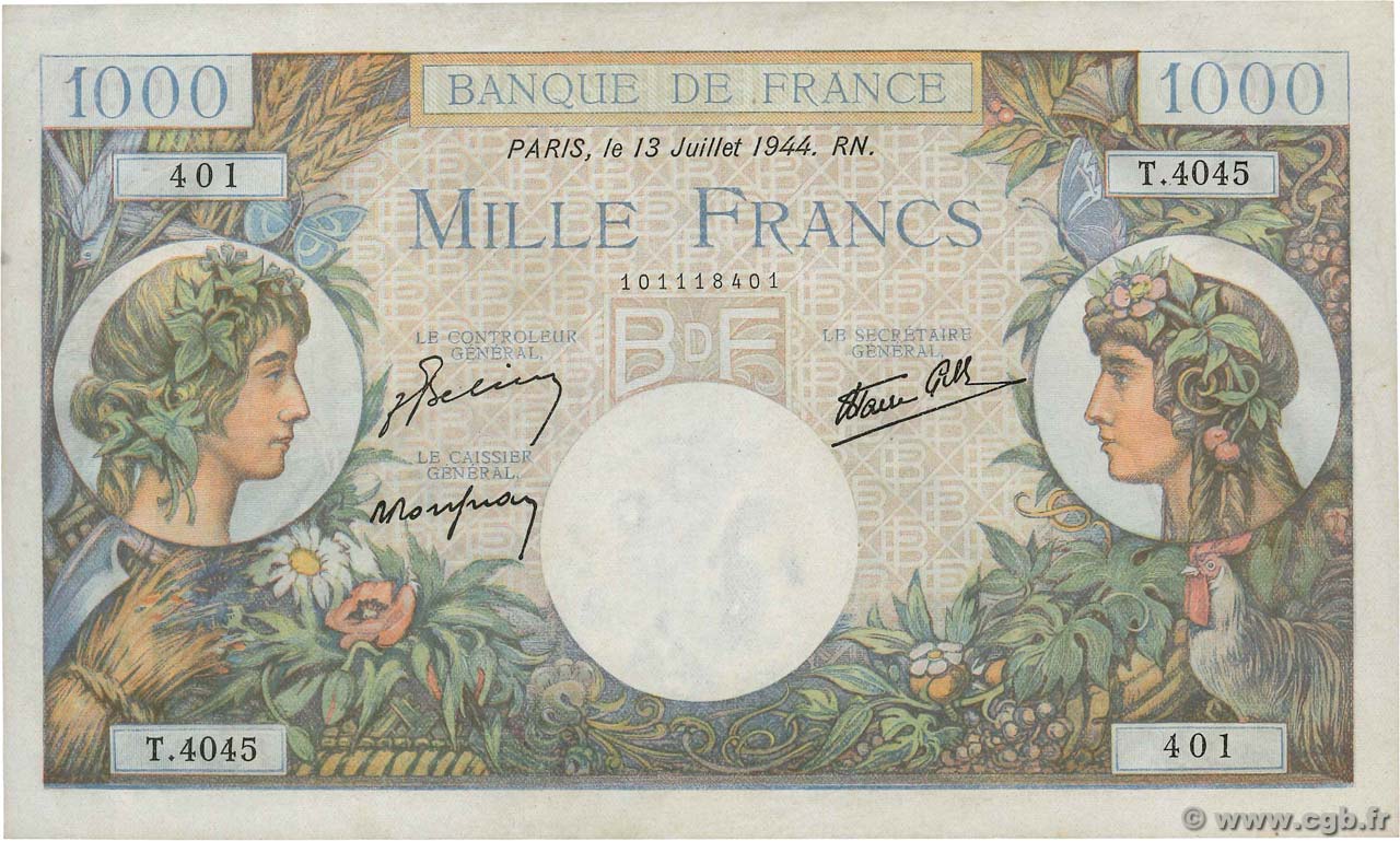 1000 Francs COMMERCE ET INDUSTRIE FRANKREICH  1944 F.39.11 VZ+