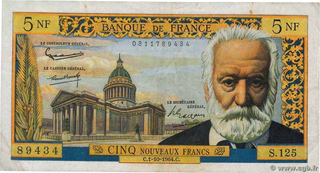 5 Nouveaux Francs VICTOR HUGO FRANCIA  1964 F.56.16 BC