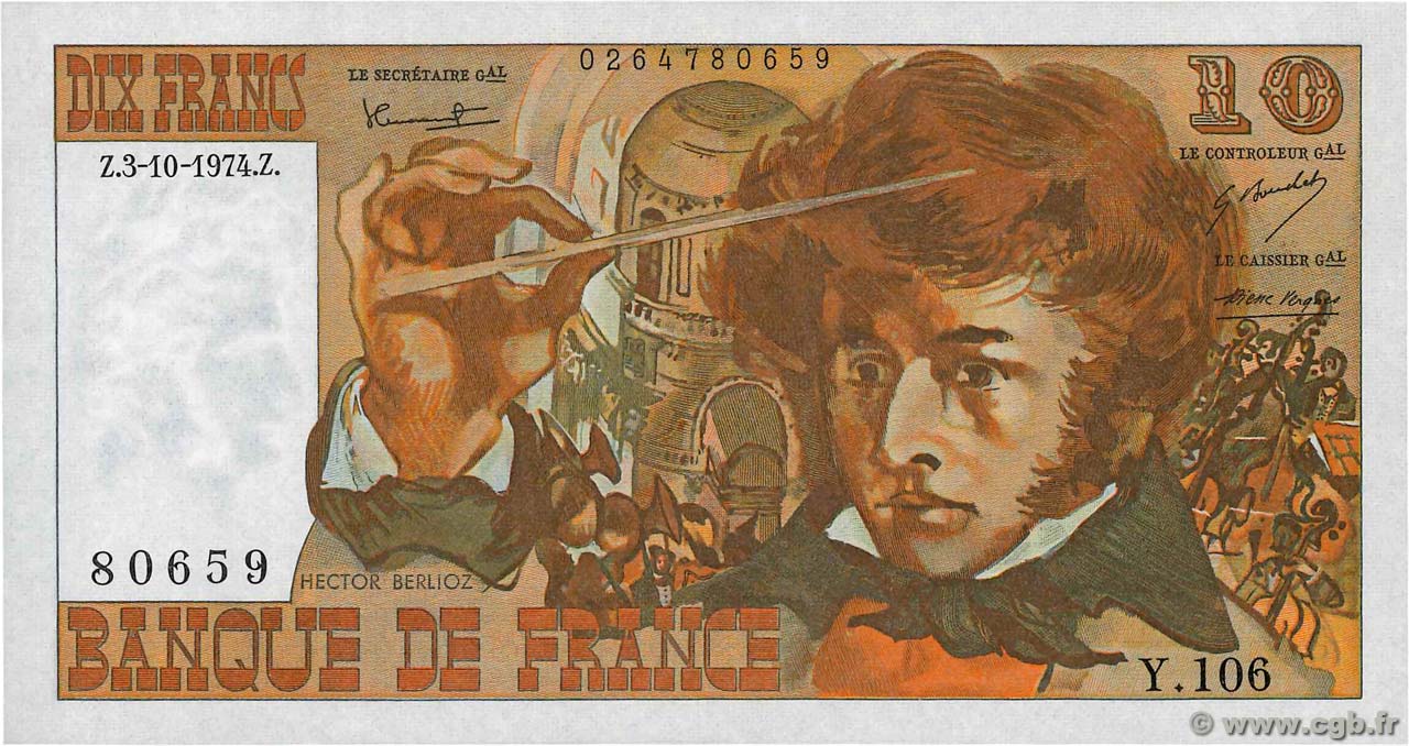 10 Francs BERLIOZ FRANKREICH  1974 F.63.07a fST+