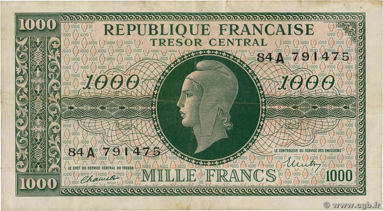 1000 Francs MARIANNE BANQUE D ANGLETERRE FRANKREICH  1945 VF.12.01 fSS