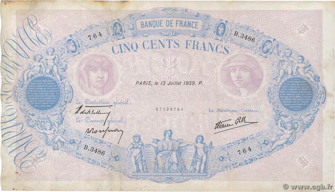500 Francs BLEU ET ROSE modifié FRANCE  1939 F.31.36 TB à TTB