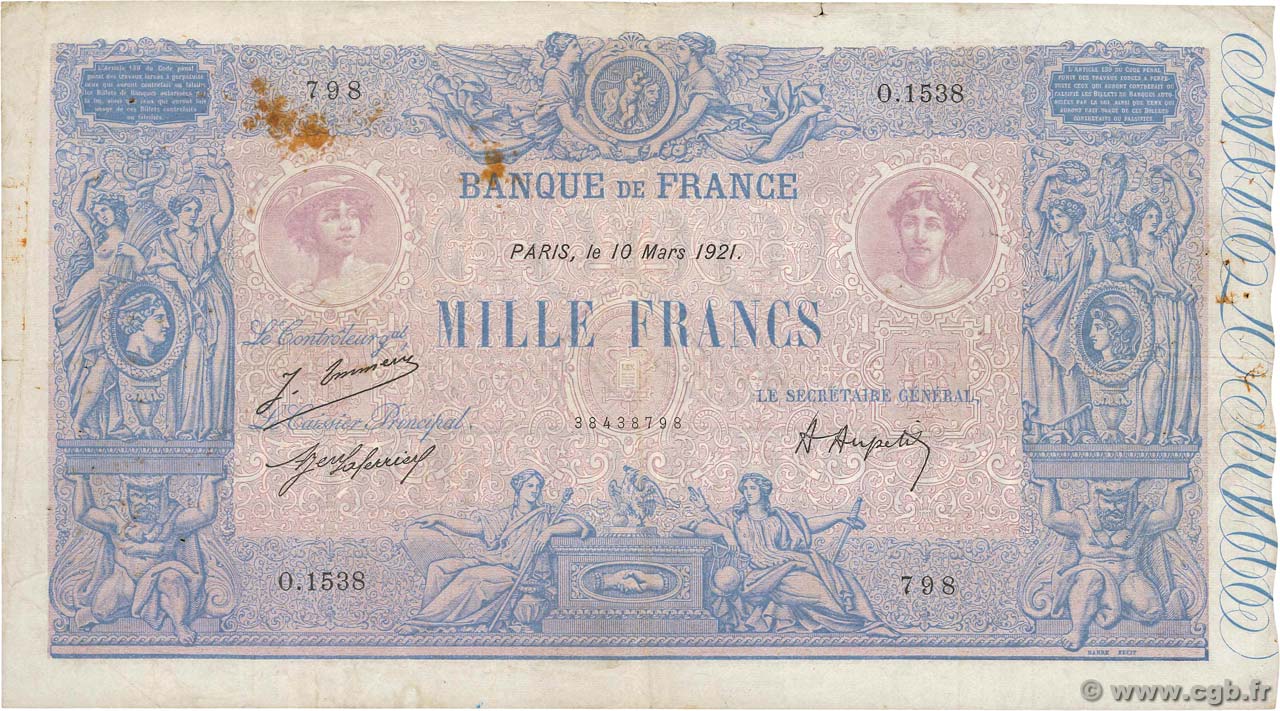 1000 Francs BLEU ET ROSE FRANCIA  1921 F.36.37 q.BB