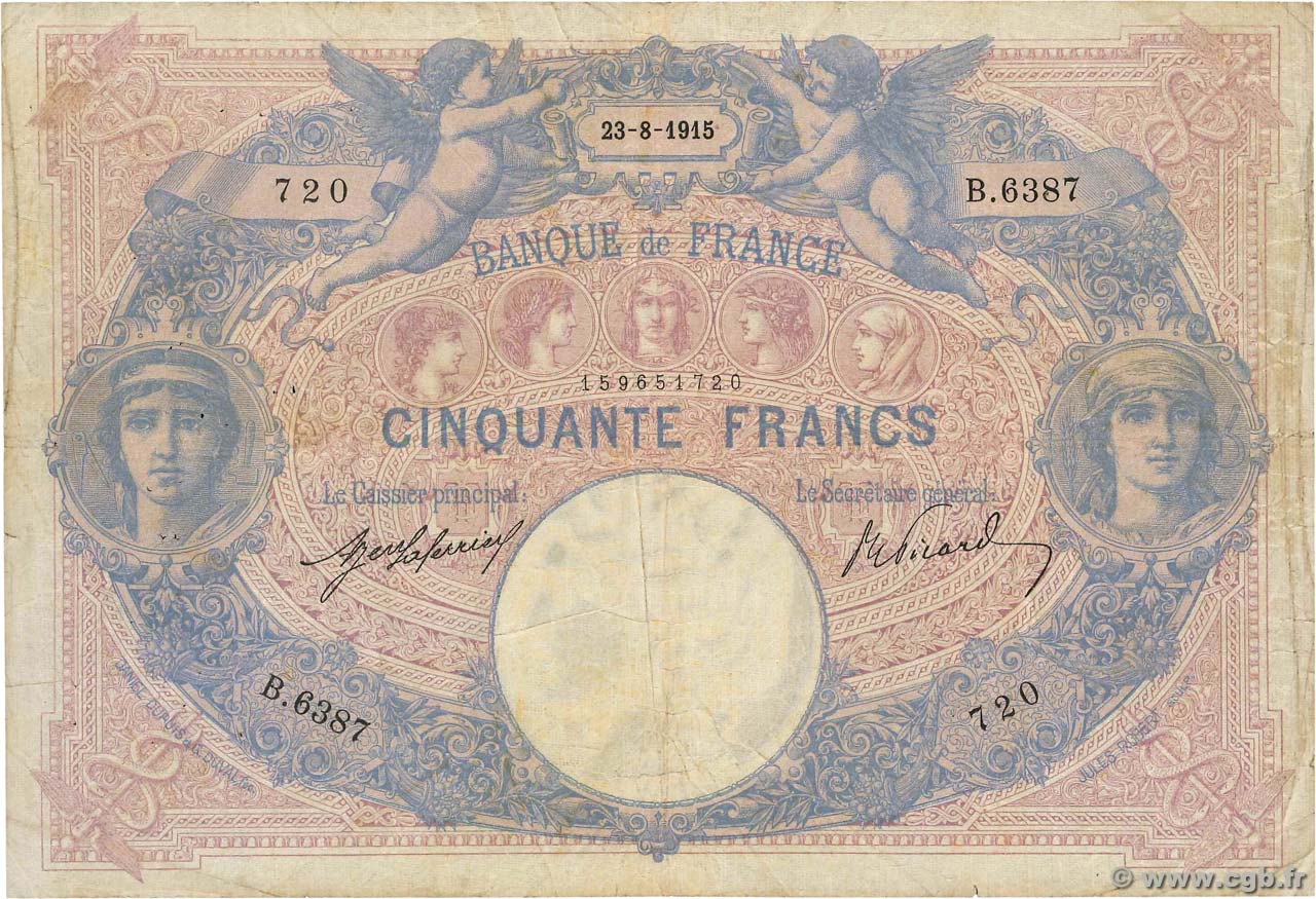 50 Francs BLEU ET ROSE FRANCIA  1915 F.14.28 B