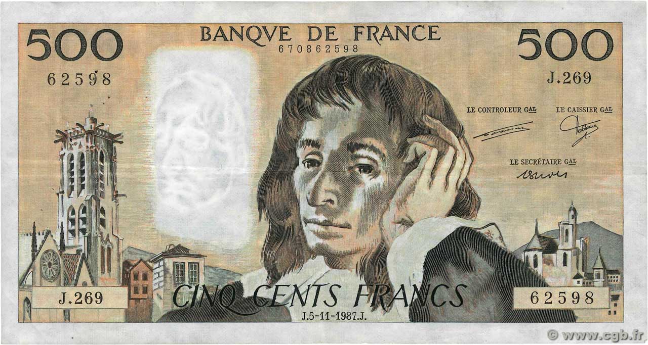 500 Francs PASCAL FRANCE  1987 F.71.37 F+