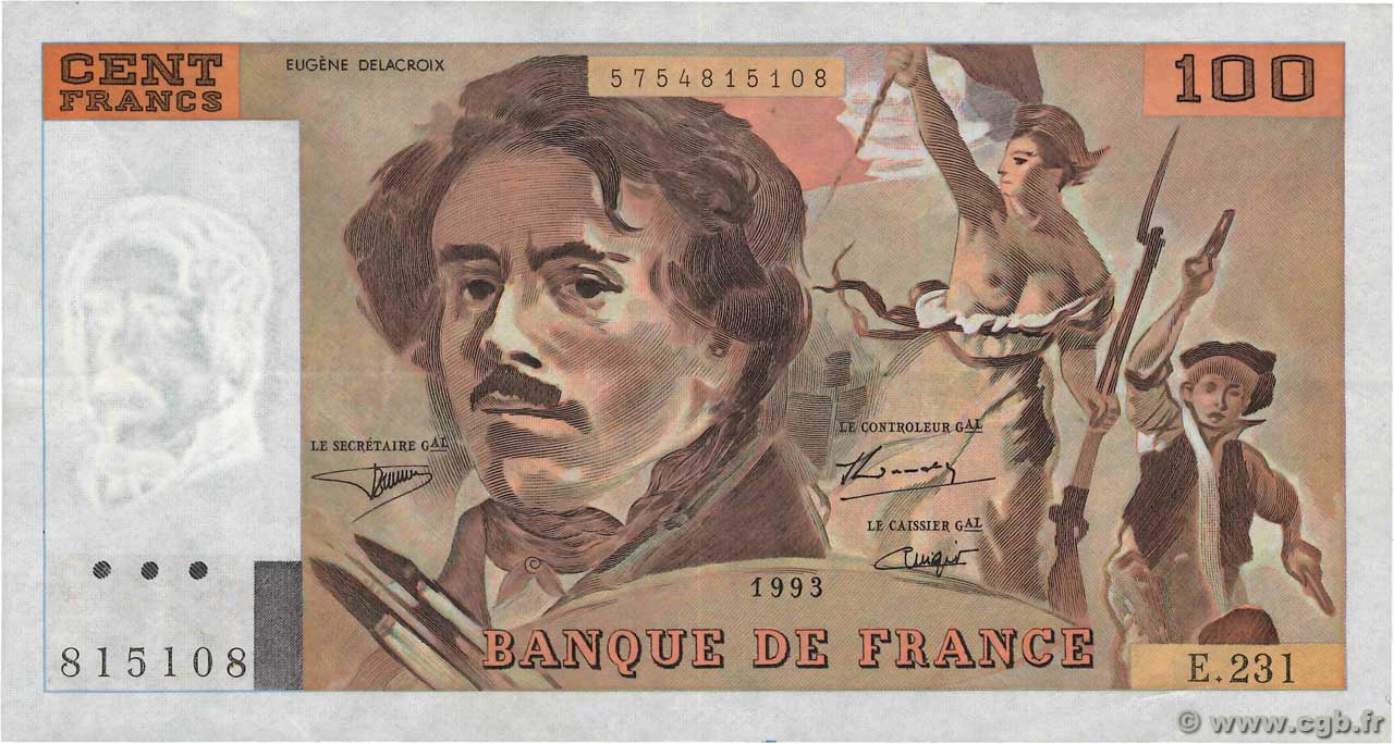 100 Francs DELACROIX imprimé en continu FRANCE  1993 F.69bis.08 VF+
