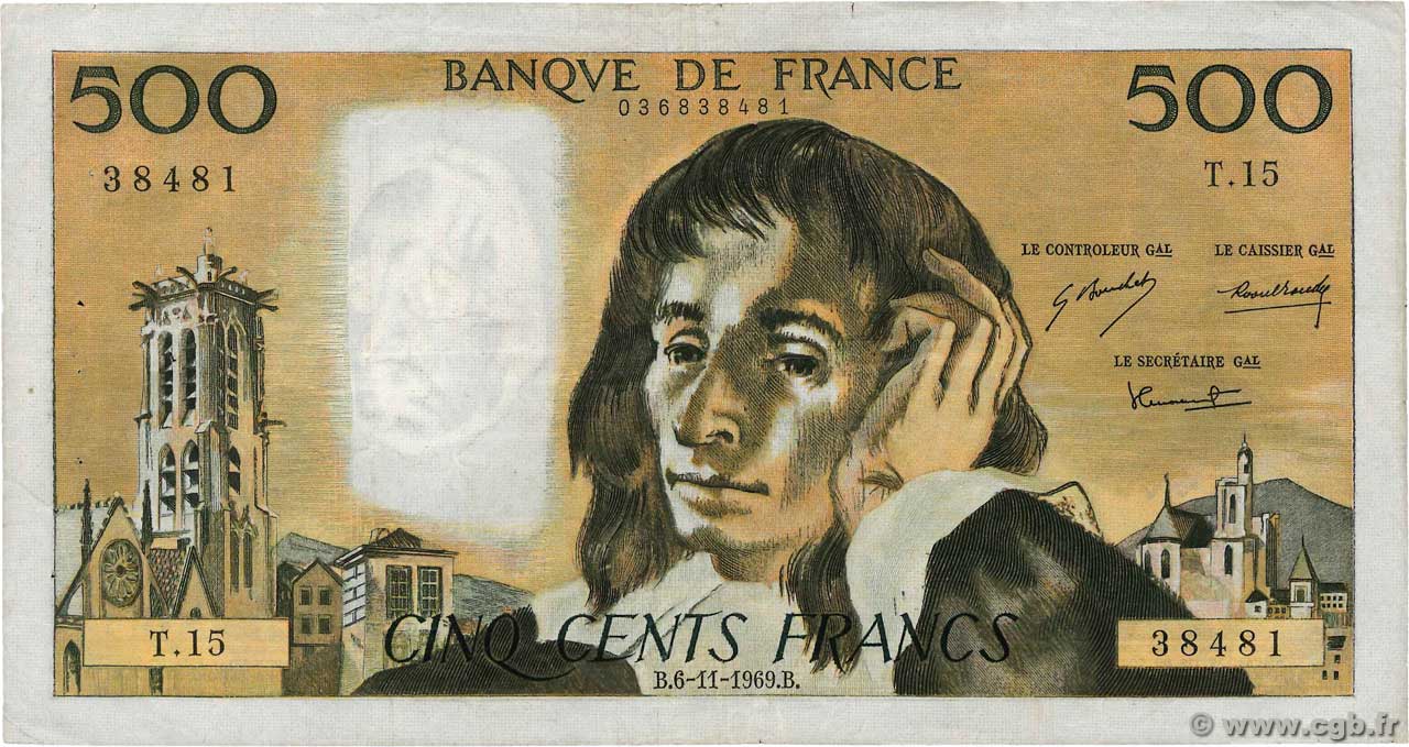 500 Francs PASCAL FRANCE  1969 F.71.04 F