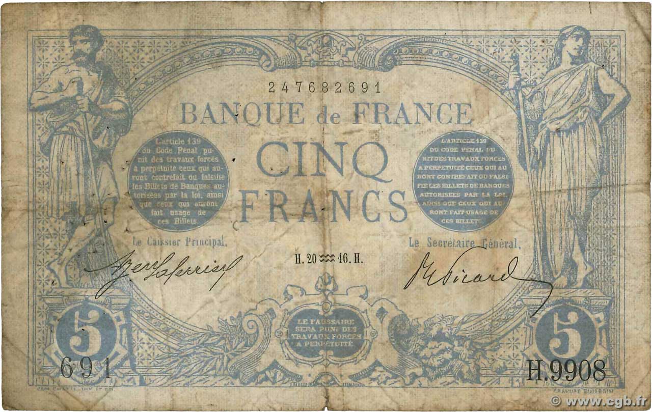 5 Francs BLEU FRANCIA  1916 F.02.35 q.MB