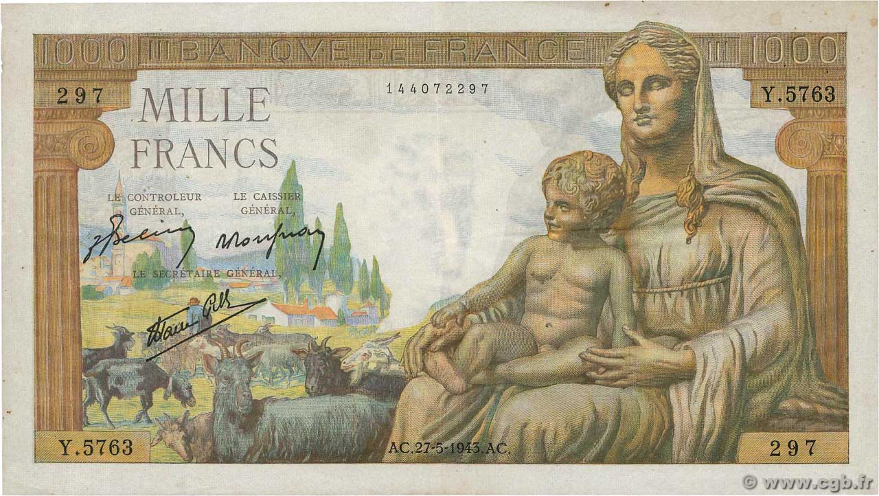 1000 Francs DÉESSE DÉMÉTER FRANKREICH  1943 F.40.25 SS