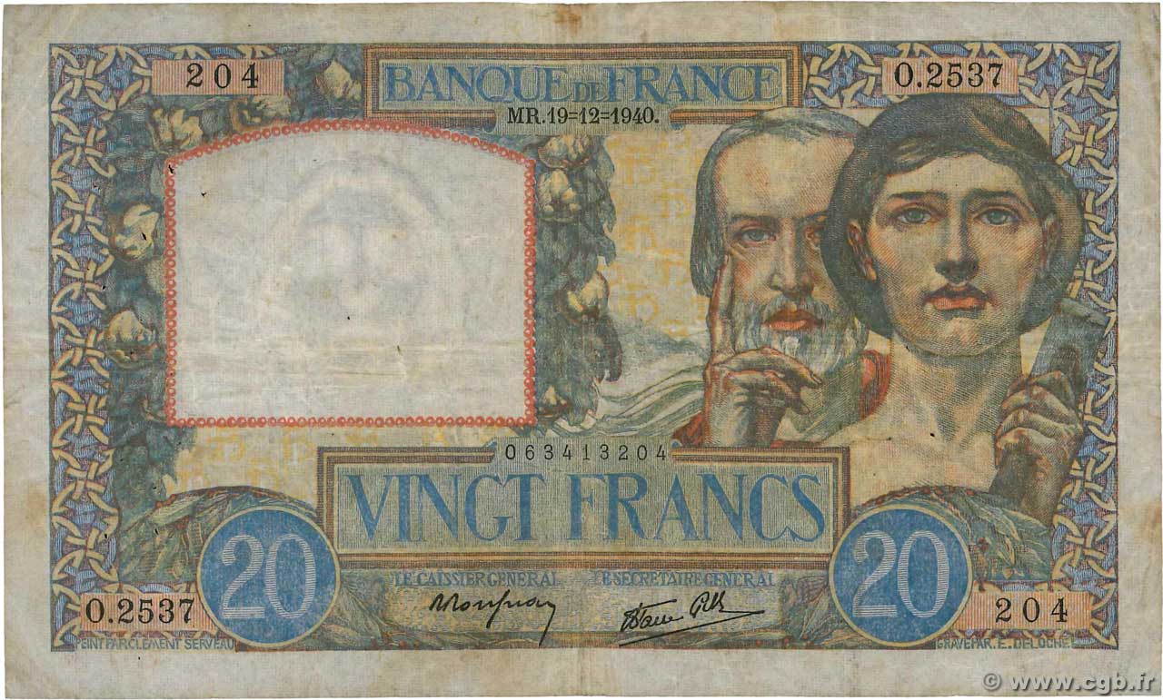 20 Francs TRAVAIL ET SCIENCE FRANKREICH  1940 F.12.11 S