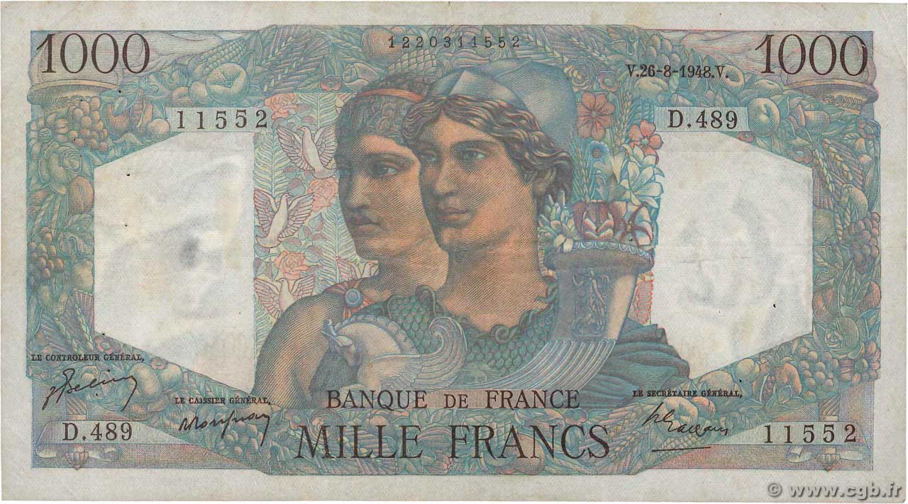 1000 Francs MINERVE ET HERCULE FRANCIA  1948 F.41.23 q.BB