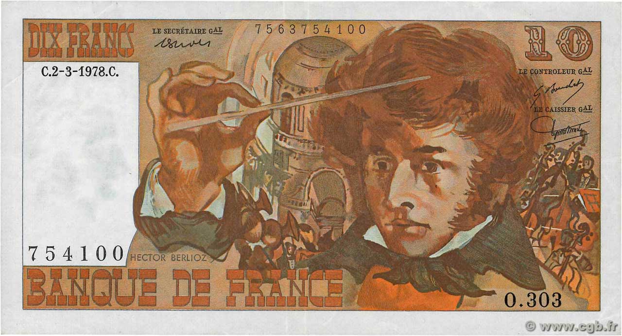 10 Francs BERLIOZ FRANCE  1978 F.63.23 VF