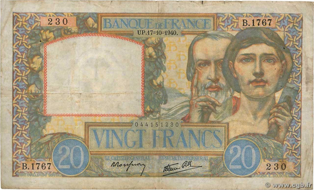 20 Francs TRAVAIL ET SCIENCE FRANCE  1940 F.12.09 TB