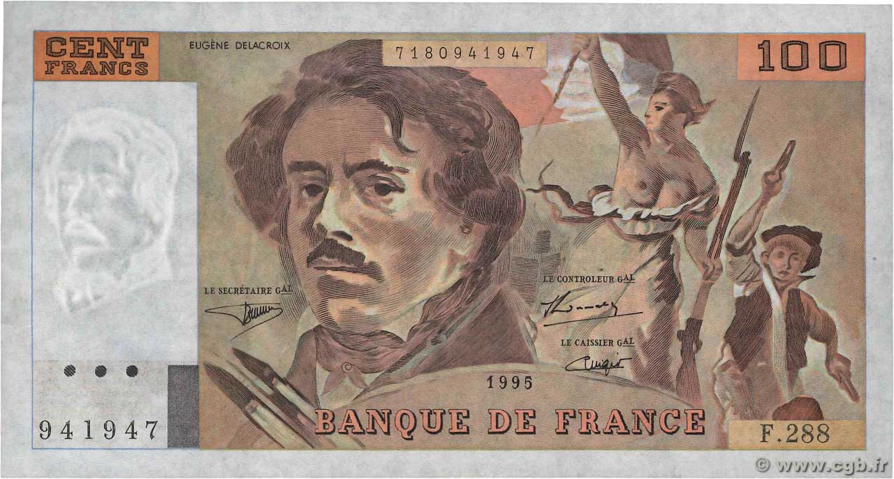 100 Francs DELACROIX 442-1 & 442-2 FRANCE  1995 F.69ter.02c VF-
