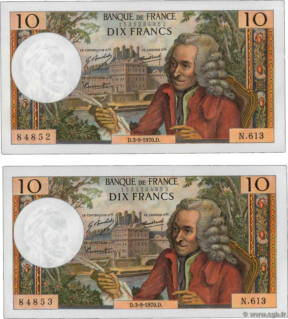 10 Francs VOLTAIRE Consécutifs FRANCIA  1970 F.62.46 SPL+