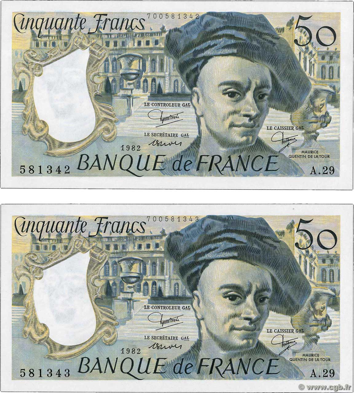 50 Francs QUENTIN DE LA TOUR Consécutifs FRANCE  1982 F.67.08 UNC-