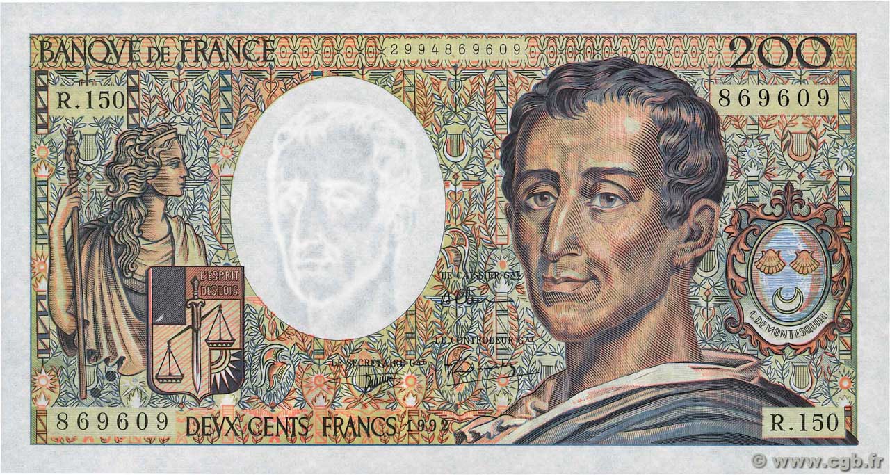200 Francs MONTESQUIEU FRANCIA  1992 F.70.12c AU+