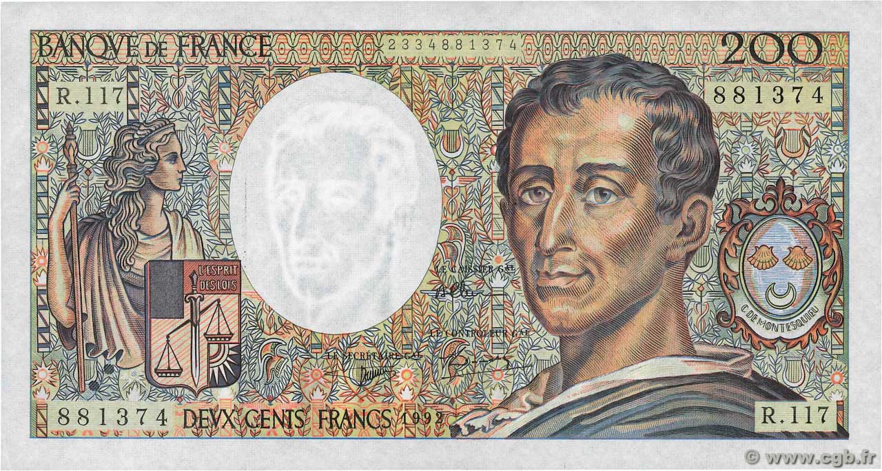 200 Francs MONTESQUIEU FRANCE  1992 F.70.12b XF