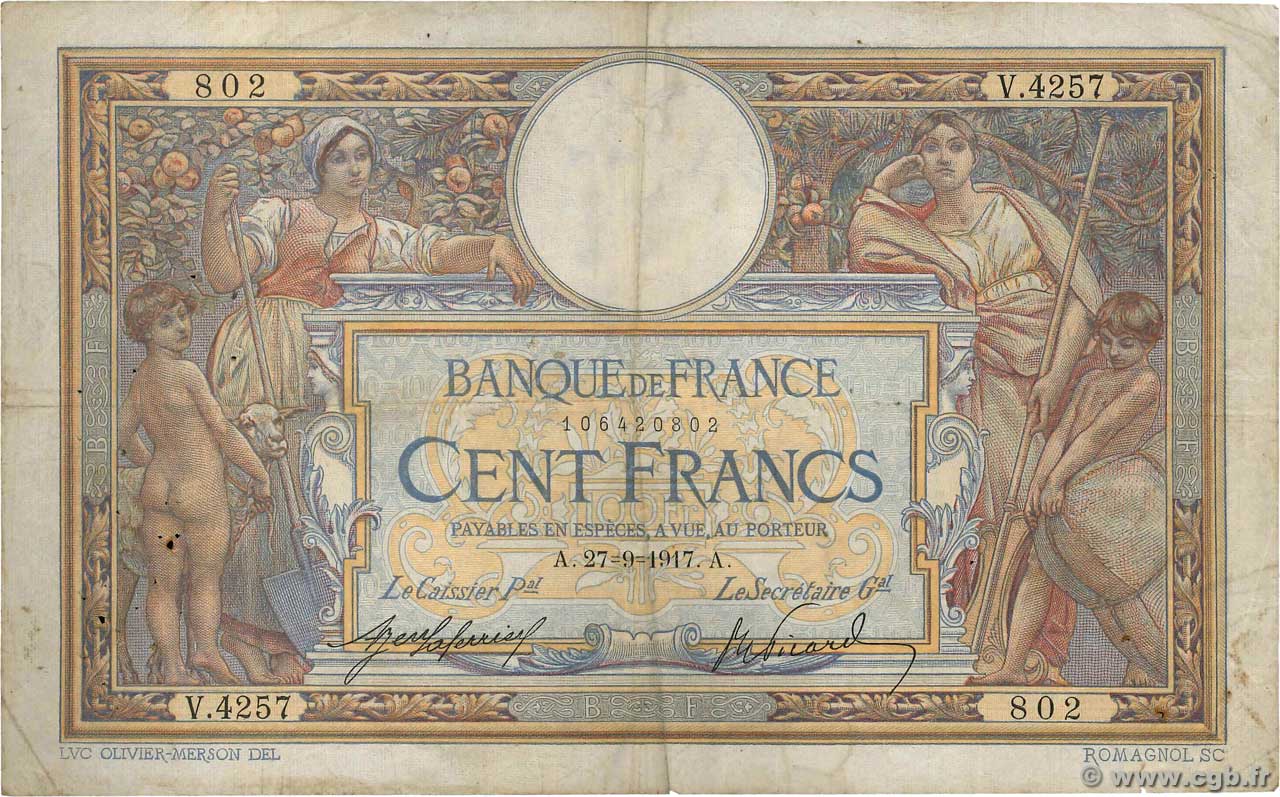 100 Francs LUC OLIVIER MERSON sans LOM FRANCIA  1917 F.23.09a BC
