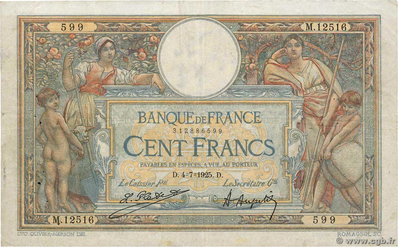 100 Francs LUC OLIVIER MERSON grands cartouches FRANCIA  1925 F.24.03 BC+