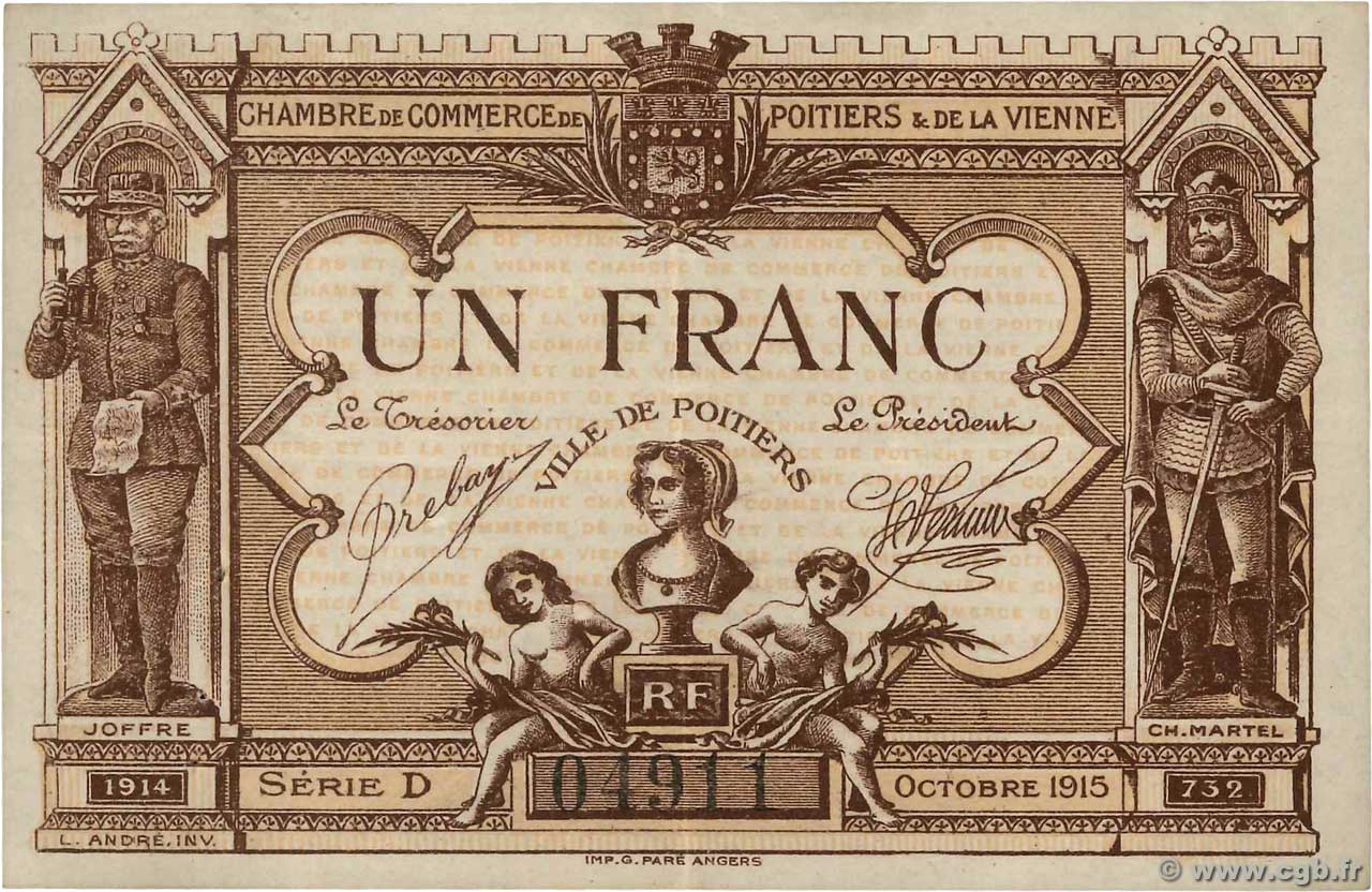 1 Franc FRANCE regionalism and various Poitiers 1915 JP.101.06 VF - XF