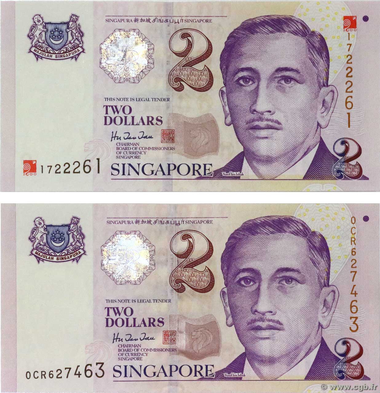 2 Dollars SINGAPUR  1999 P.38 et P.45 FDC