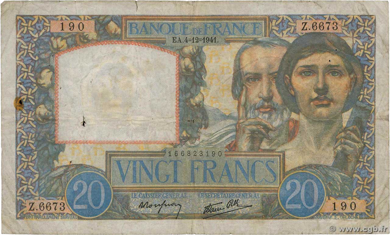 20 Francs TRAVAIL ET SCIENCE FRANCIA  1941 F.12.20 q.MB