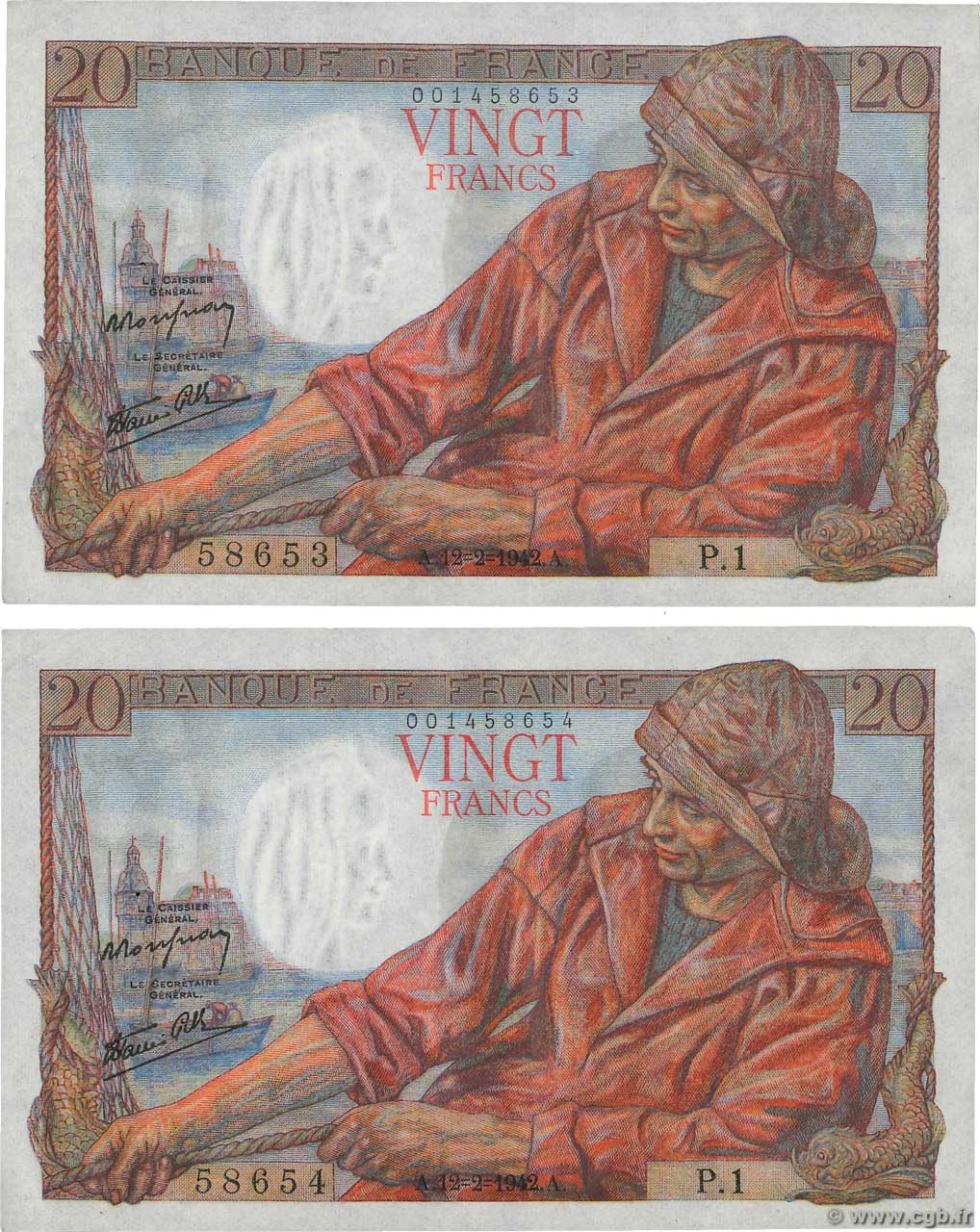 20 Francs PÊCHEUR Consécutifs FRANCE  1942 F.13.01 SUP
