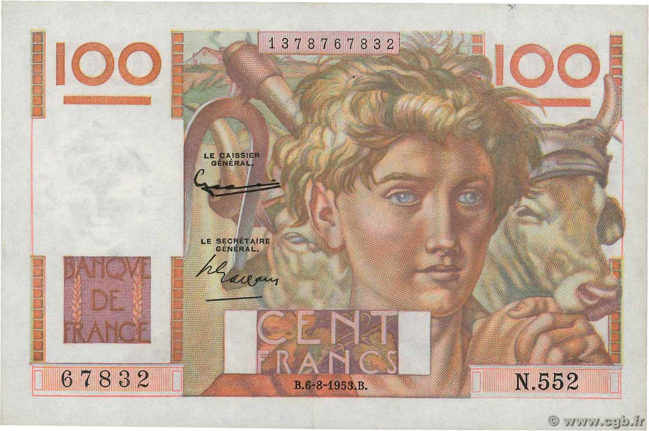 100 Francs JEUNE PAYSAN FRANCE  1953 F.28.38 pr.SPL