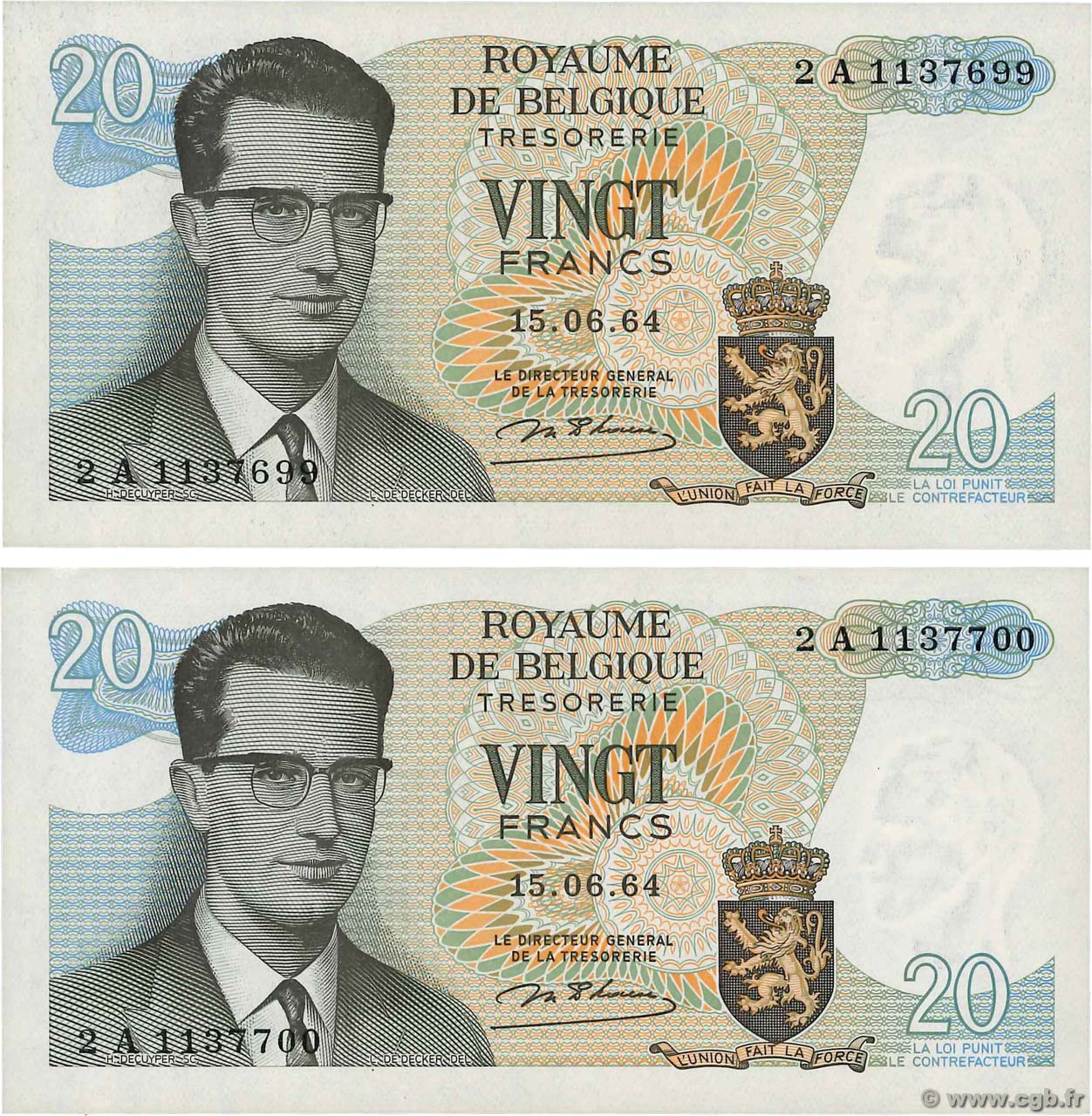20 Francs Consécutifs BELGIUM  1964 P.138 XF+