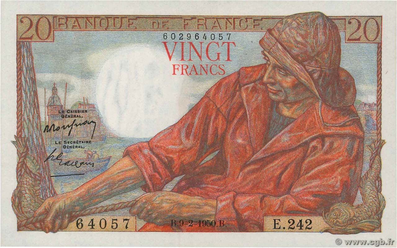 20 Francs PÊCHEUR FRANCIA  1950 F.13.17 AU+