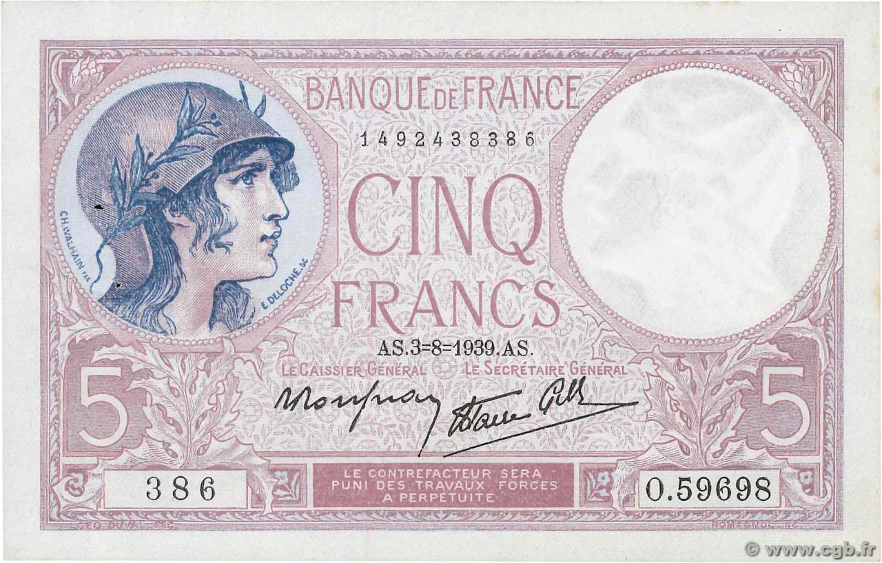 5 Francs FEMME CASQUÉE modifié FRANCIA  1939 F.04.04 EBC+