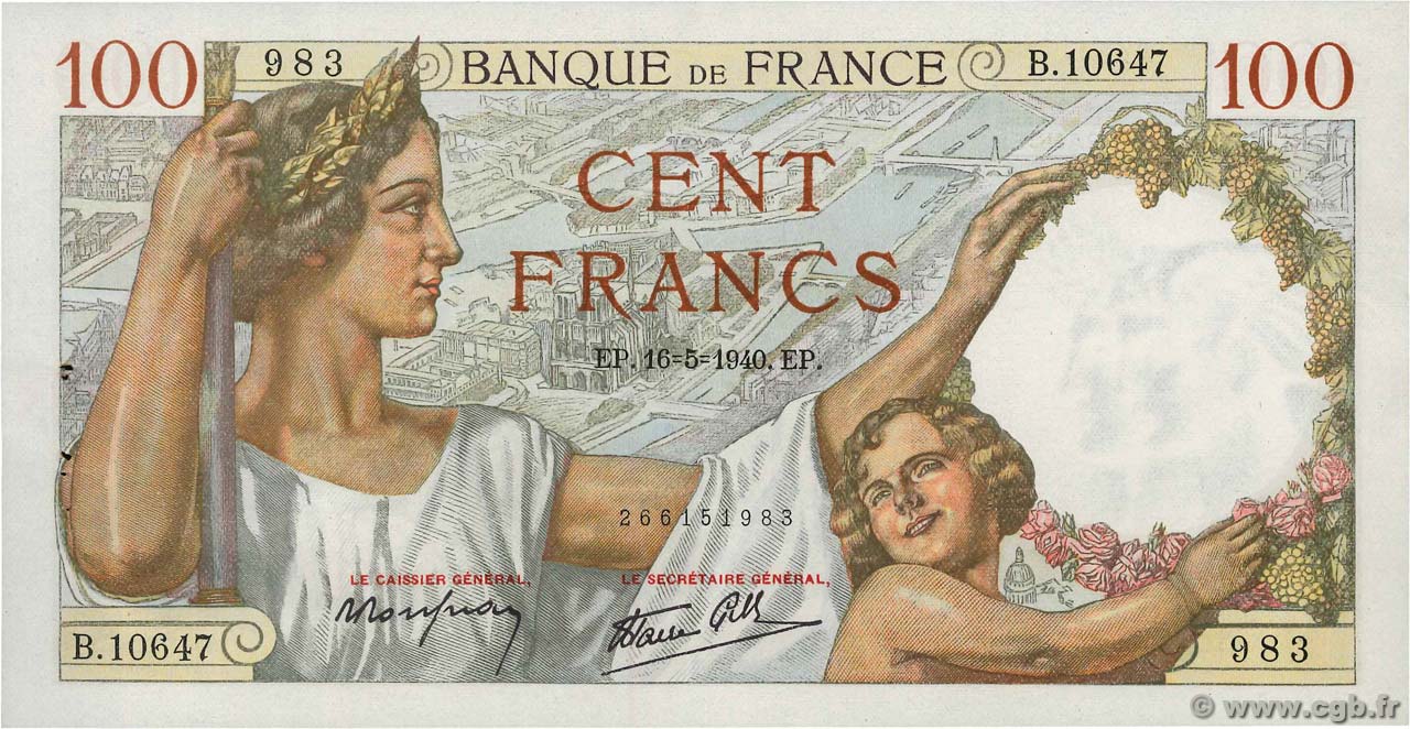 100 Francs SULLY FRANCE  1940 F.26.29 XF