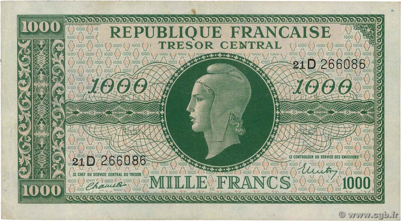1000 Francs MARIANNE THOMAS DE LA RUE FRANCIA  1945 VF.13.01 BB