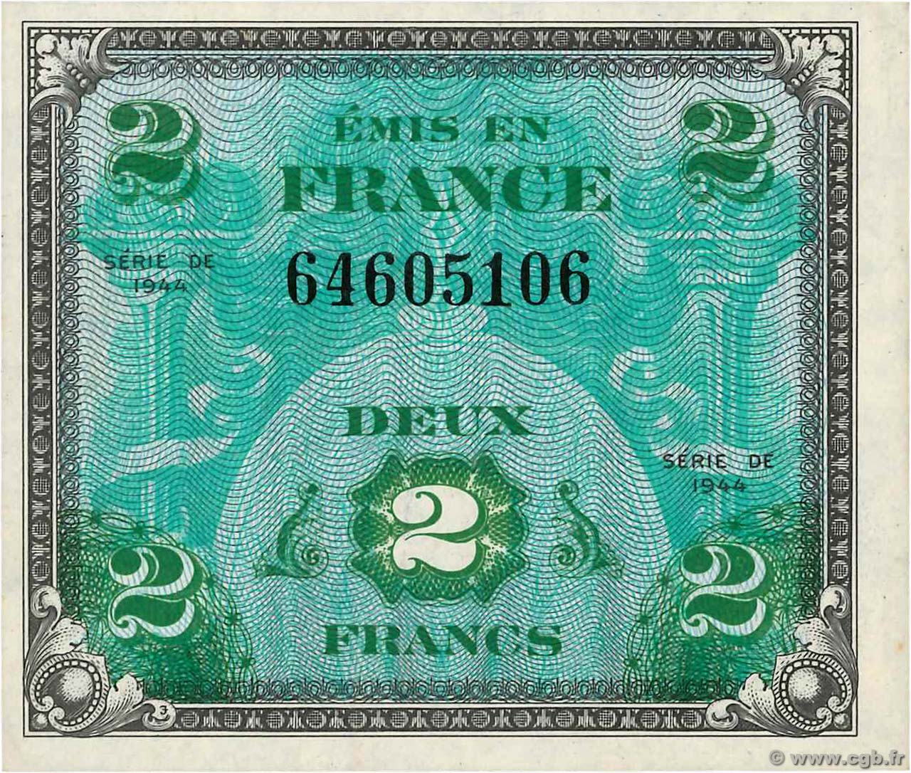 2 Francs DRAPEAU FRANCE  1944 VF.16.01 VF+