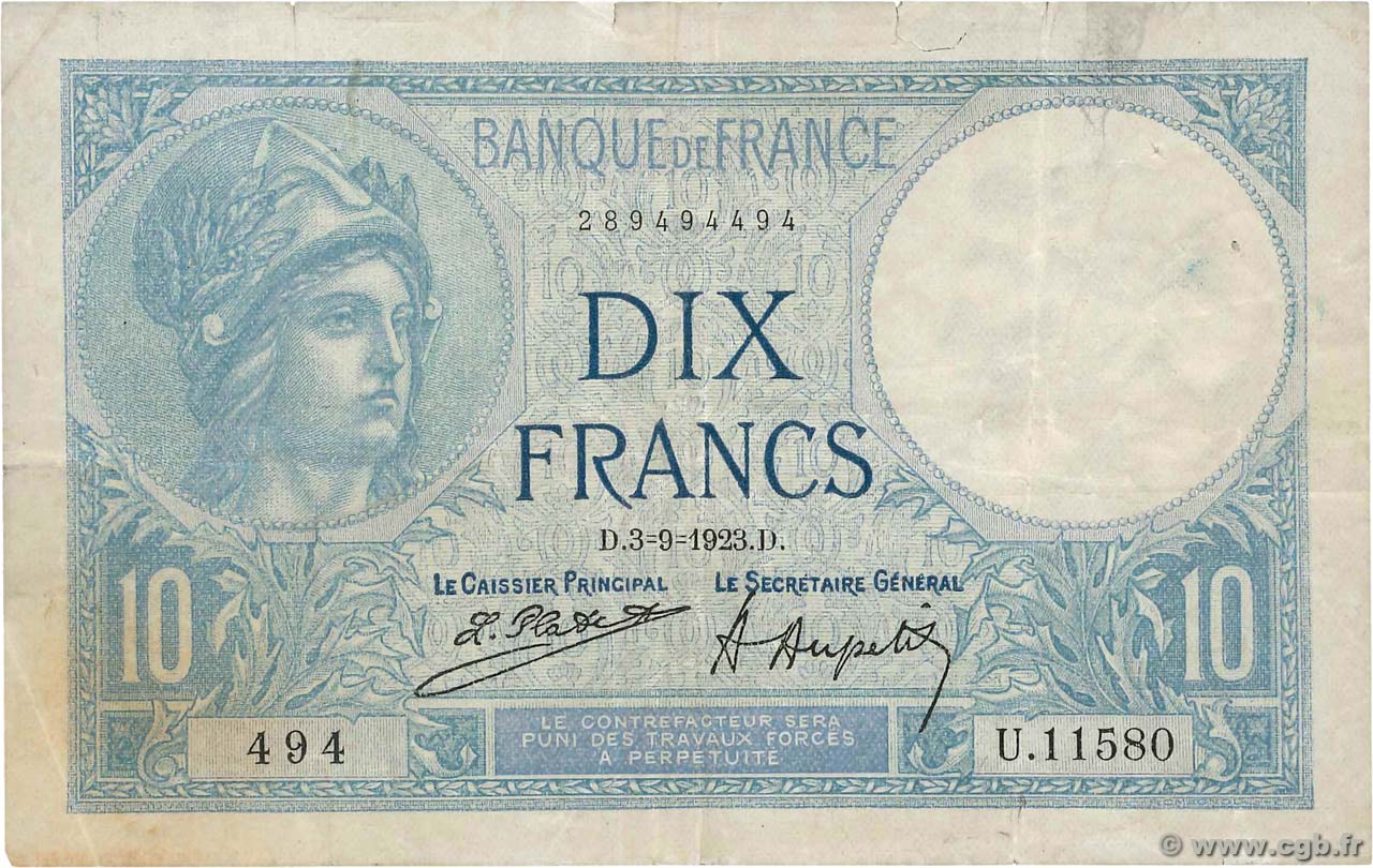 10 Francs MINERVE FRANCIA  1923 F.06.07 BC