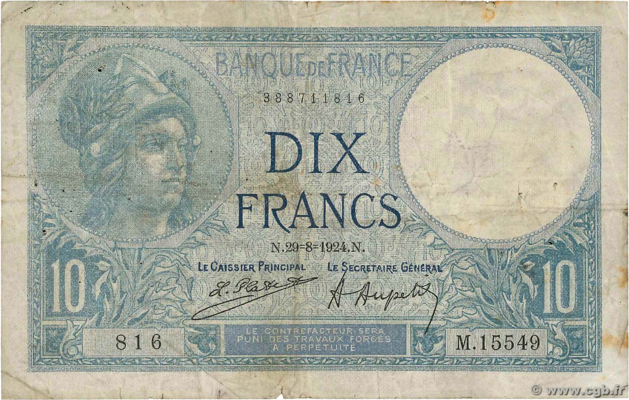 10 Francs MINERVE FRANCE  1924 F.06.08 B+