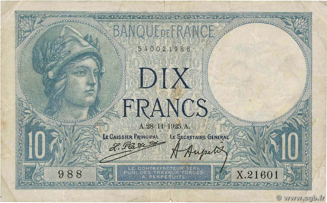 10 Francs MINERVE FRANCE  1925 F.06.09 TB