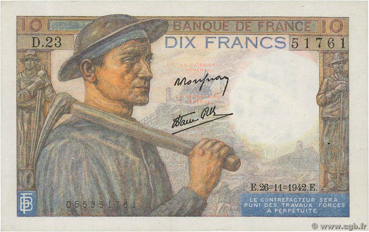 10 Francs MINEUR FRANCE  1942 F.08.06 XF