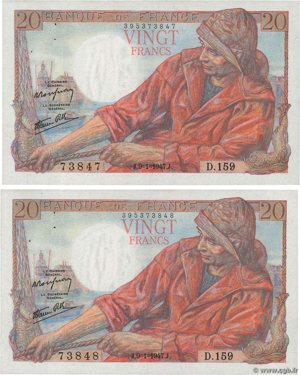 20 Francs PÊCHEUR Consécutifs FRANCE  1947 F.13.11 pr.SPL