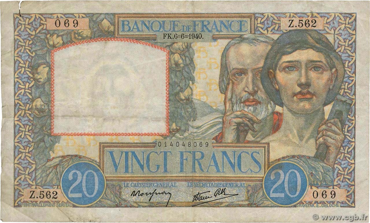 20 Francs TRAVAIL ET SCIENCE FRANCE  1940 F.12.03 F