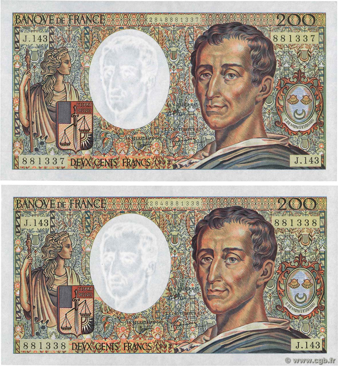 200 Francs MONTESQUIEU Consécutifs FRANKREICH  1992 F.70.12c VZ+