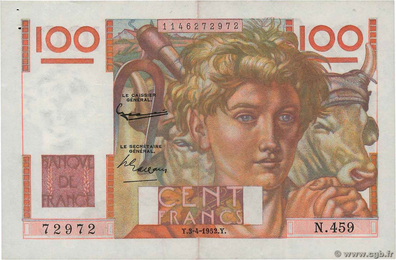 100 Francs JEUNE PAYSAN FRANKREICH  1952 F.28.32 fVZ