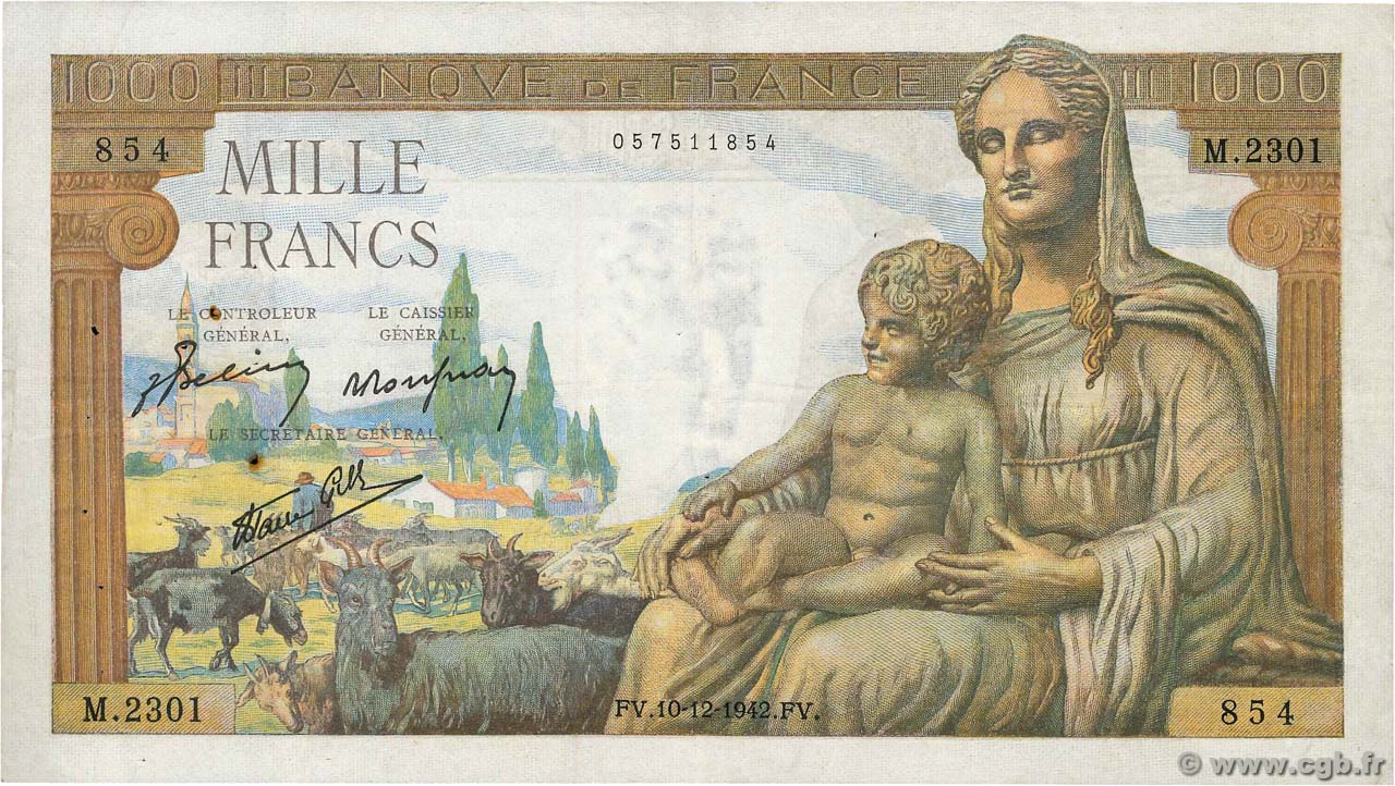 1000 Francs DÉESSE DÉMÉTER FRANCE  1942 F.40.13 VF-