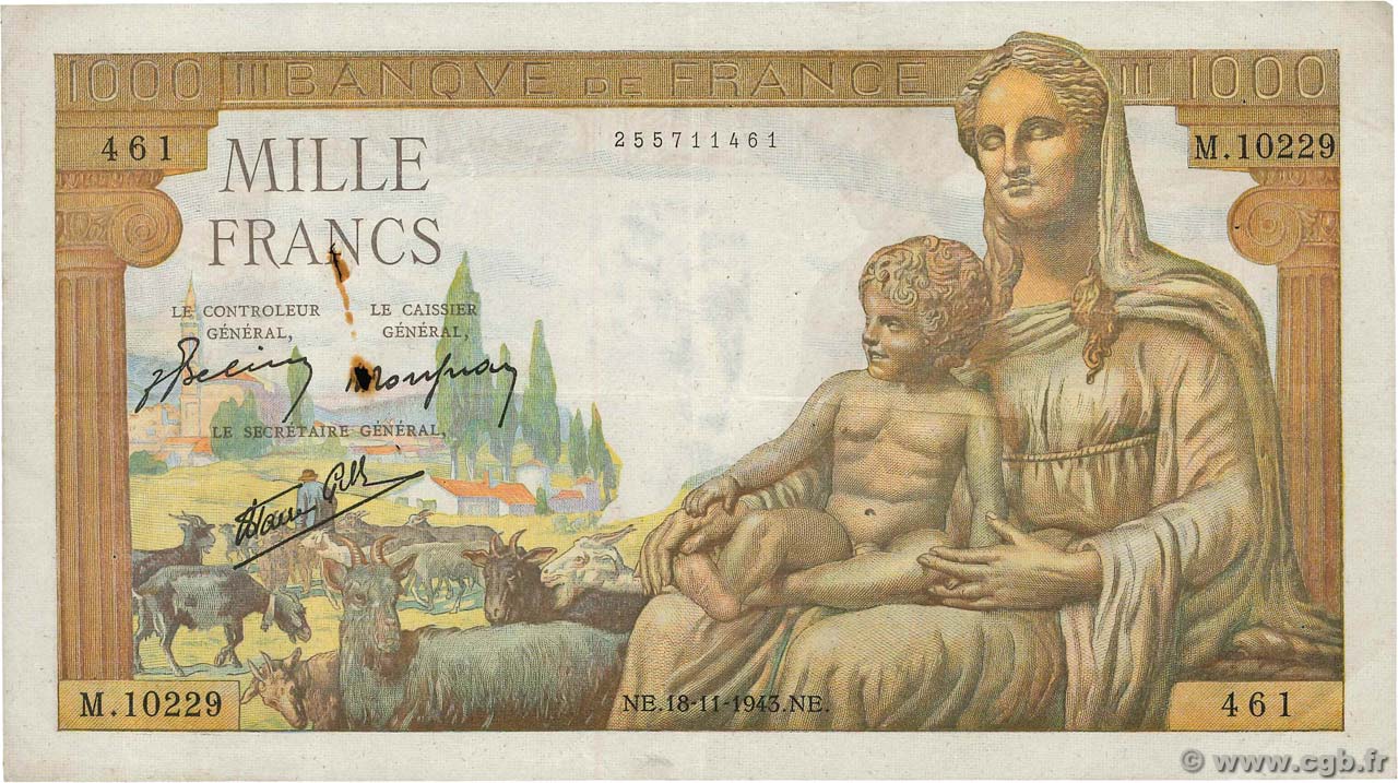 1000 Francs DÉESSE DÉMÉTER FRANCE  1943 F.40.40 pr.TTB